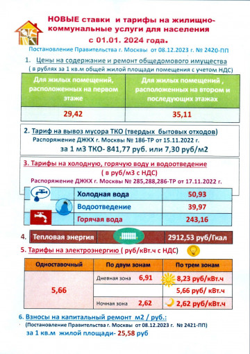 Новые ставки и тарифы на жилищно-коммунальные услуги для населения с 01.01.2024г.